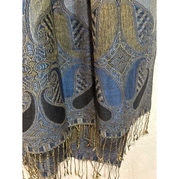 Pashmina Paisley Shawl Scarf Blue Gold Black Fringe Tassel Wrap Bohemian - Picture 2 of 4
